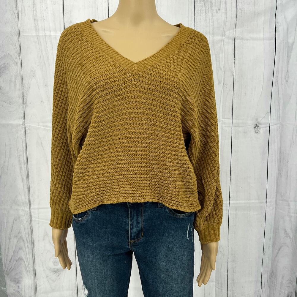 American Eagle MEDIUM Womens Yellow Knit Soft Long Sleeve V Neck Crop Sweater